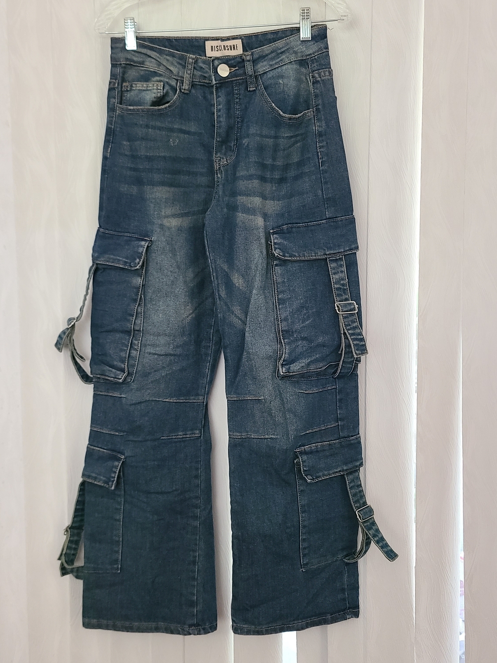 Disclosure Womens Sz 3/26 Blue Denim Grunge Baggy Cargo Pockets Wide Leg Jeans
